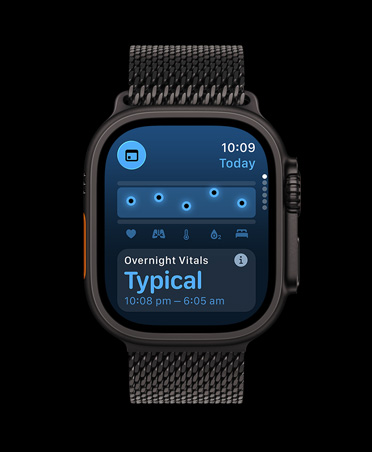 Apple Watch Ultra 3, black colour, titanium case, Vitals app, chart scoring health, Overnight Vitals outliers notification, band, black Milanese Loop