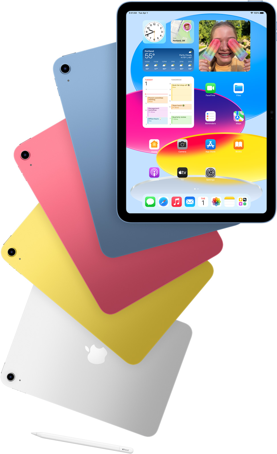 Фронтален поглед към екрана на iPad и син, розов, жълт и сребрист iPad с гръб зад него. Apple Pencil, поставен до подредени iPad модели.