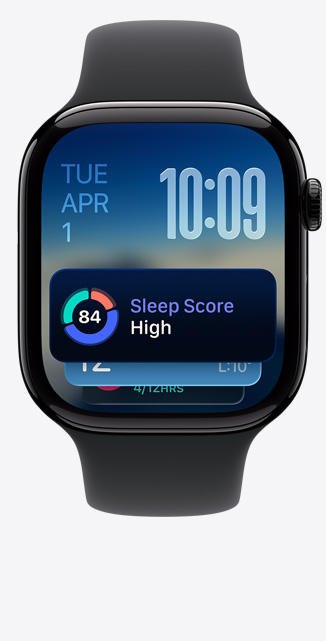 Apple Watch Series 11, pouzdro z leštěného klavírně černého hliníku, Chytrá sada, oznámení o spánkovém skóre, na pravém boku korunka Digital Crown, černý sportovní řemínek