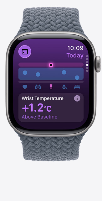 Apple Watch Series 11, titanové pouzdro, břidlicově šedá barva, aplikace Životní funkce, graf se zdravotními hodnotami, oznámení o teplotě zápěstí nad běžnou hodnotou, na pravém boku korunka Digital Crown, ocelově modrý pletený navlékací řemínek