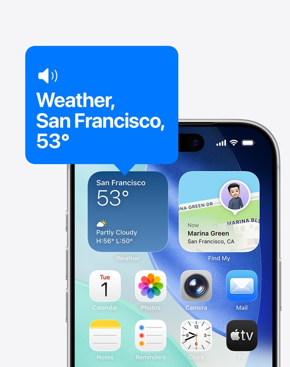 iPhone'i avakuva, VoiceOver kirjeldab valjusti ilmavidina ikooni