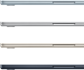 Nelja MacBook Air sülearvuti küljed, mis näitavad nelja erinevat viimistlust