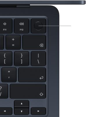 MacBook Airi klaviatuur, parem ülaosa, näitamas Touch ID nupu asukohta