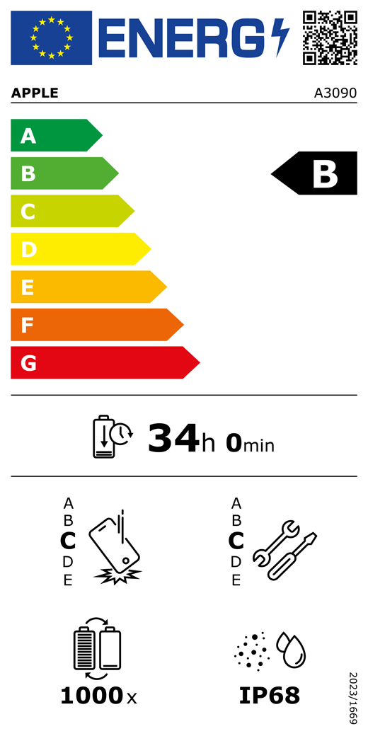 Código QR e información de la etiqueta energética de la UE, modelo A3090 de Apple, clase B, clases de eficiencia energética (con una escala de la A a la G), de la A (la más eficiente) a la G (la menos eficiente), duración de la batería por ciclo, 34 horas y 0 minutos por carga completa de la batería, fiabilidad en caídas repetidas de clase C, de la A (la más robusta) a la E (la menos robusta), reparabilidad de clase C, de la A (la más reparable) a la E (la menos reparable), 1.000 ciclos de carga de la batería, grado de protección contra la entrada de polvo y agua (IP) IP68, normativa 2023/1669.