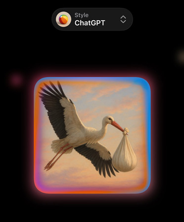 Image Playground avec menu déroulant en haut indiquant « Style : ChatGPT », image d’une cigogne qui vole en tenant un paquet contenant un bébé dans son bec