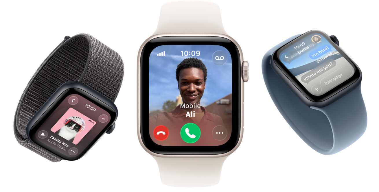 Συσκευές Apple Watch SE 3, κάσες από αλουμίνιο, χρώμα αστροφεγγιά και μαύρο του μεσονυκτίου, λουράκι Sport Loop, σκούρο γκρι χρώμα, λουράκι Solo Loop, χρώμα αιθέριο ροζ, λουράκι Solo Loop, χρώμα μπλε της άγκυρας, οθόνες: Apple Music, εισερχόμενη κλήση, Μηνύματα