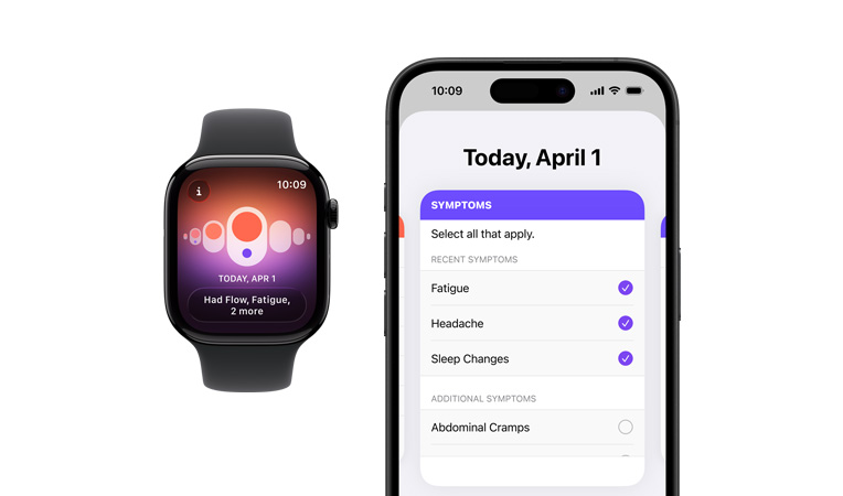 Apple Watch Series 11，拋光亮黑色鋁金屬錶殼，配搭黑色運動錶帶，展示經期追蹤 app；已配對的 iPhone 上打開了每日徵狀選擇器