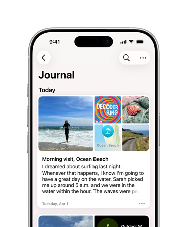 iPhone 上開啟了日記 app 的一則日記，圖像展示沙灘遊玩的一天，以及有關夢想的文字