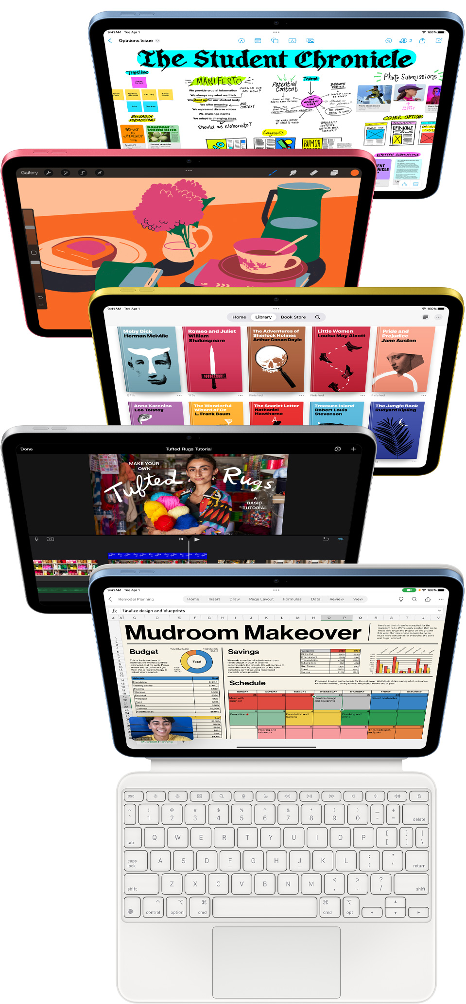 Zasloni iPada okrenuti prema naprijed prikazuju različite aplikacije uključujući Freeform, ProCreate, Knjige, iMovie i Excel s Webex Meetings.