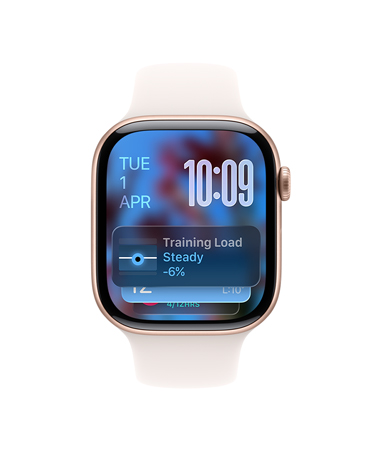 Apple Watch Series 11, rose gold colour, aluminium case, Smart Stack hint, light blush Sport Band