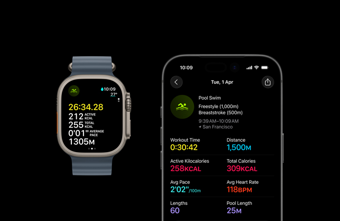 Apple Watch Ultra 3, natural colour, titanium case, Ocean Band, anchor blue colour, active Swim workout, larger workout metrics breakdown on iPhone