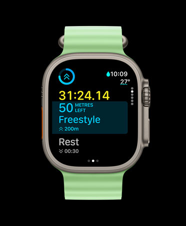 Apple Watch Ultra 3, natural colour, titanium case, Workout app, custom workout card, Up Next view, neon green Ocean Band