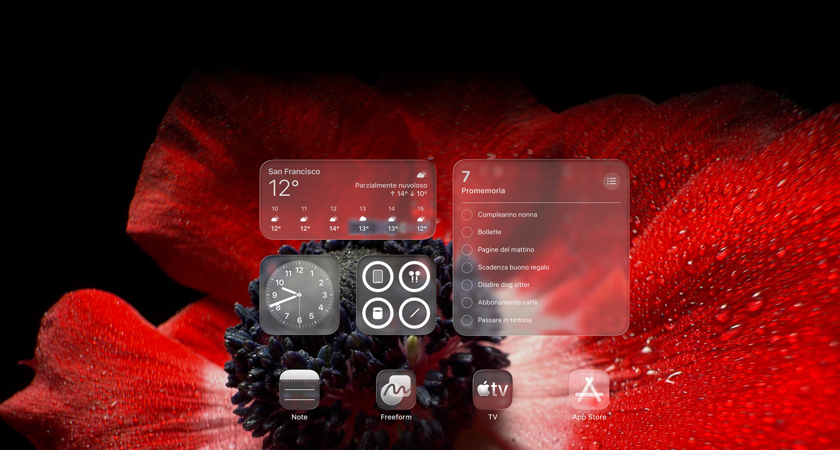 Schermata di blocco con le icone delle app Meteo, Promemoria e Orologio, tutte semitrasparenti in Liquid Glass, a rifrangere lo sfondo