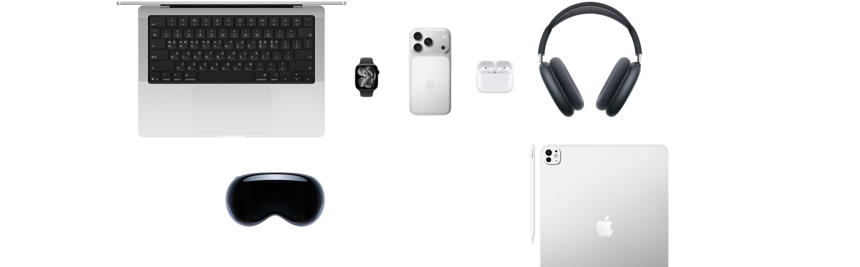 MacBook, Apple Watch Series 11, iPhone 17 Pro, AirPods Pro 3, AirPods Max, Apple Vision Pro, Apple Pencil Pro, iPad Pro 등 다양한 Apple 제품