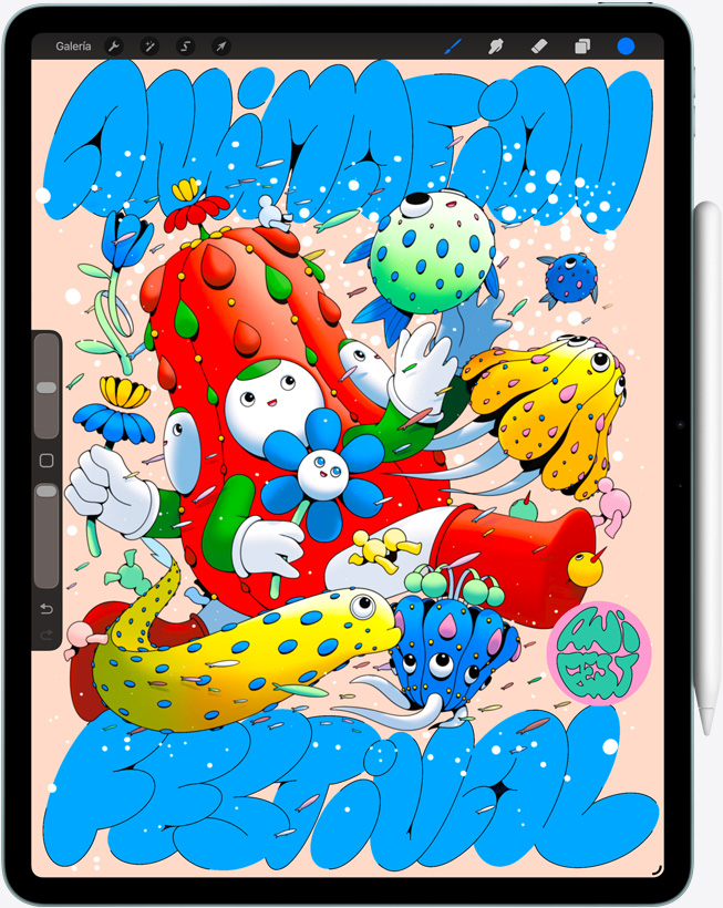 iPad Air, parte frontal, mostrando la app Procreate, ilustración digital colorida con varios personajes y objetos, Apple Pencil Pro