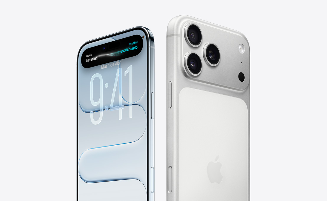 Parte frontal de un iPhone Air con pantalla de Liquid Glass y Dynamic Island, borde delgado de titanio, parte posterior de un iPhone 17 Pro con sistema de cámaras Pro en la esquina superior izquierda