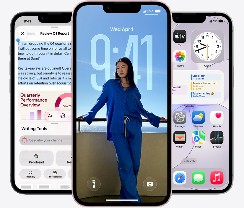 Three iPhone 17e devices, front exterior, screenshot featuring Writing Tools in use, Lock Screen showing a photo of a person, and Messages app sending messages via satellite