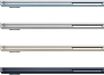 Keturių „MacBook Air“ modelių šoninė išorinė dalis, rodomos keturios skirtingos spalvos