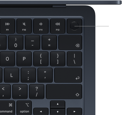 „MacBook Air“ klaviatūra, viršutinė dešinioji dalis, demonstruojama „Touch ID“ mygtuko vieta