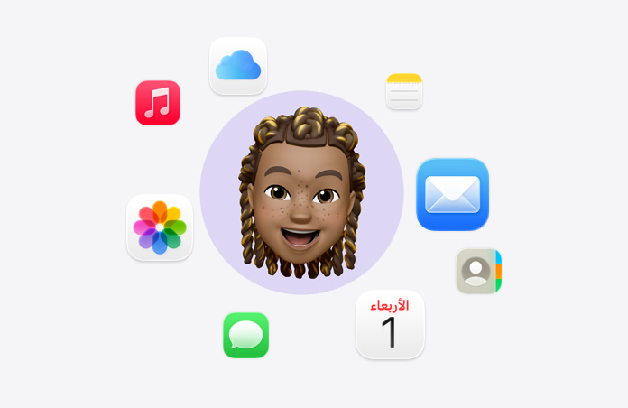 إيموجي لوجه مبتسم محاط بأيقونات تطبيقات مختلفة: الموسيقى وiCloud Drive والملاحظات والبريد وجهات الاتصال والتقويم والرسائل والصور