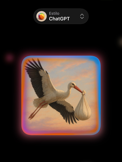 Pantalla de Image Playground con la imagen fotorrealista de una cigüeña que lleva una bolsa en el pico, en la que se muestran opciones de estilos de imágenes personalizados de ChatGPT