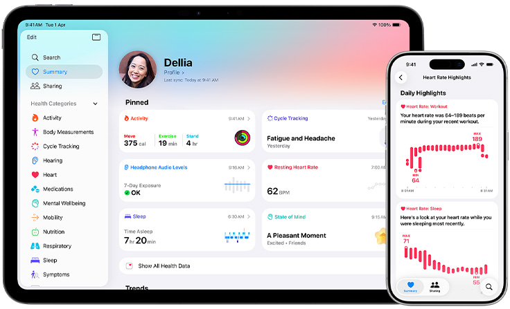 Health app with summary of health information including activity, cycle tracking, headphone audio levels, resting heart rate, sleep, and state of mind