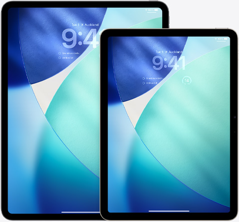 iPad and iPad Air, side-by-side, iPad Air in front overlapping iPad, portrait orientation, Lock Screen shows time in translucent Liquid Glass
