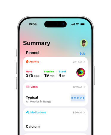 Podsumowanie informacji o zdrowiu przypięte na iPhonie