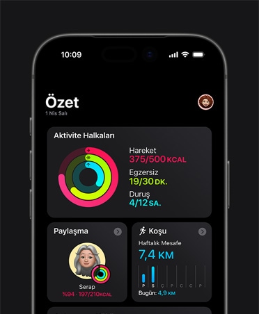 iPhone 17, Fitness özeti, Aktivite halkaları, Hareket, Egzersiz ve Duruş ölçümleri, arkadaşlarla aktivite paylaşma, haftalık Koşu istatistikleri