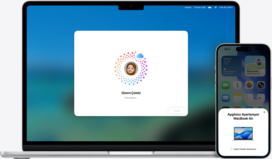 13 inç MacBook Air ve iPhone 16 Plus, MacBook’ta macOS yükleniyor, iPhone’da kurulum istemleri görünüyor