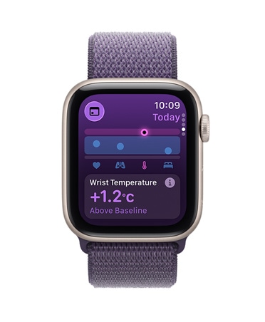 Apple Watch SE 3, корпус з алюмінію, колір «зіркове сяйво», показники моніторингу температури руки, правий бік корпусу, коронка Digital Crown, спортивний браслет, колір «пурпуровий туман»