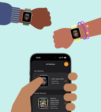 Apple Watch for Your Kids, cartoon drawing, kids’ wrists wearing Apple Watch SE 3 paired to iPhone in parent’s hand
