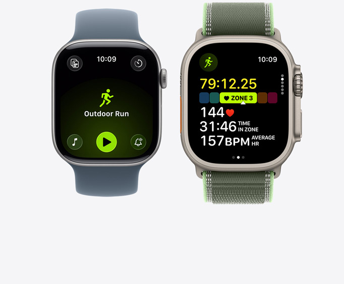 Apple Watch Series 11,  aluminum case, space gray color, Outdoor Run workout open with Apple Music play controls, Apple Watch Ultra 3,  titanium case, natural color, Running workout open, heart rate in Zone 3