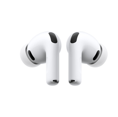 Beyaz arka plan üzerinde zıt yönlerde duran bir çift Beyaz AirPods Pro 3’ün arkadan görünümü.
