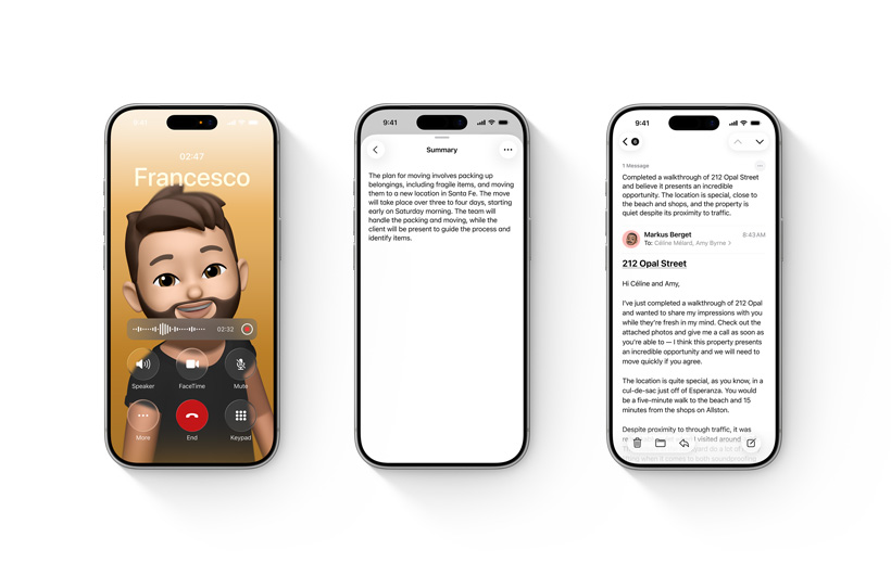 Three iPhone devices showing Apple Intelligence: voicemail summary, record and summarize notes and calls, and summarize email