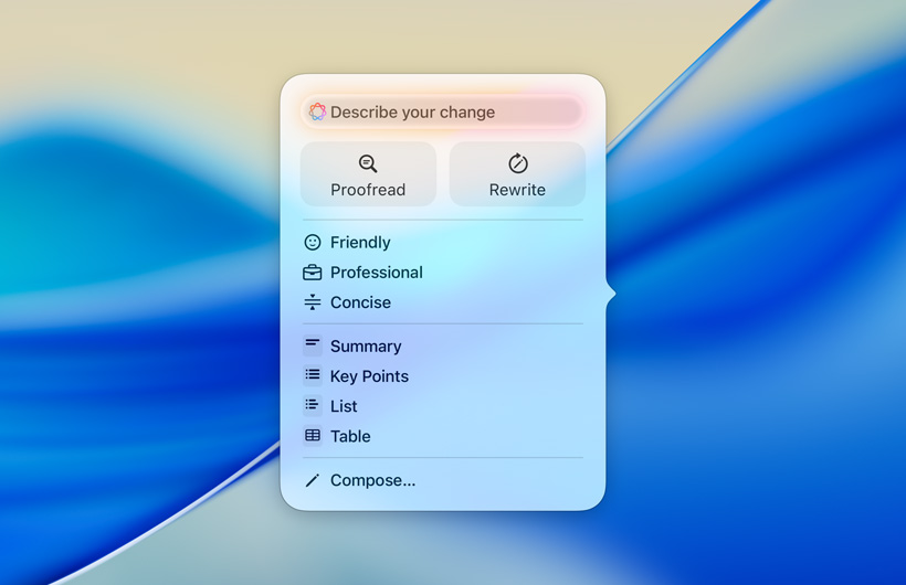 UI for Writing Tools with a text field to enter prompts, buttons for Proofread and Rewrite, different tones of writing voice, and options for summarize, key points, table, and list