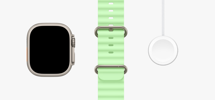 Apple Watch Ultra 3, kućište od titanija u prirodnoj boji, zaslon od ruba do ruba, neon zeleni remen Ocean, kabel za magnetski brzi punjač za Apple Watch s USB‑C priključkom