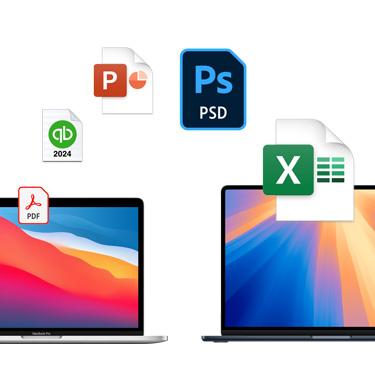 Két MacBook egymás mellett elölnézetből, különböző színes háttérképekkel. Fájlikonok vannak ívben elrendezve a MacBookok fölött, köztük Acrobat-fájl, Quickbooks-fájl, PowerPoint-fájl, Photoshop-fájl és Excel-fájl.