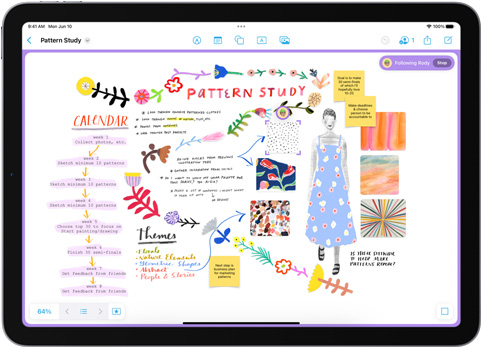 In the Freeform app on iPad, several sticky notes are shown on a board labelled Pattern Study