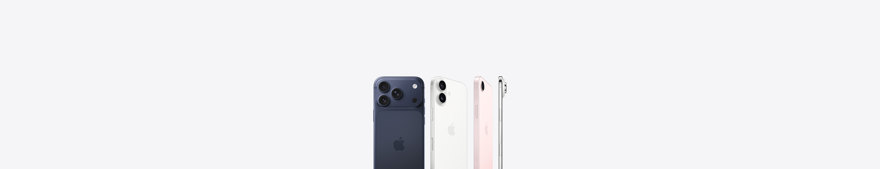 iPhone 17 Pro, back exterior, deep blue colour, Pro Fusion camera system in top left corner, Apple logo in centre, iPhone 17, back exterior, white colour, Dual Fusion camera system in top left corner, Apple logo in centre, iPhone 17e, back exterior, soft pink colour, Fusion camera system in top left cornre, Apple logo in centre, iPhone Air, side, titanium frame profile, Fusion camera system in top left corner