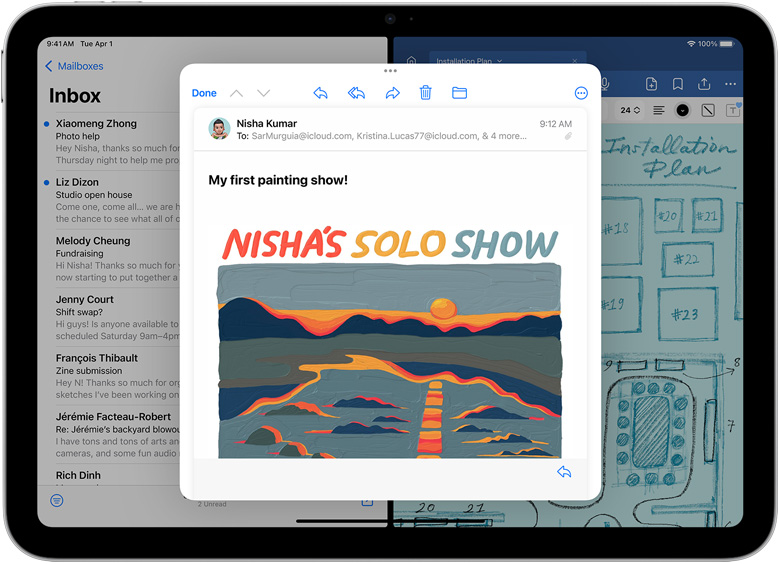 Mail et GoodNotes côte à côte sur un iPad. Un e-mail est ouvert dans une fenêtre distincte.