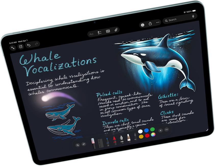 iPad Air i vandret position, der viser Apple Intelligence med Image Playground samt Keynote og Apple Pencil Pro