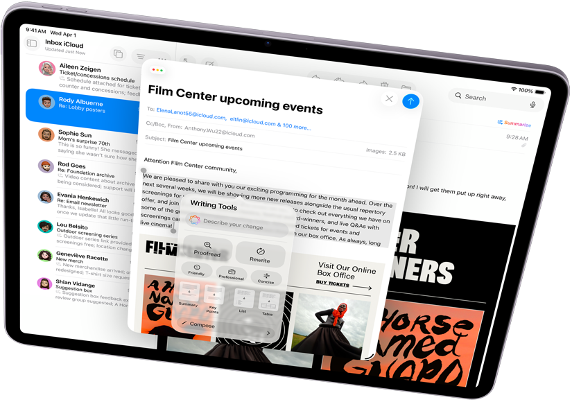 iPad Air i vandret position, der viser Apple Intelligence med Skriveværktøjer og Mail