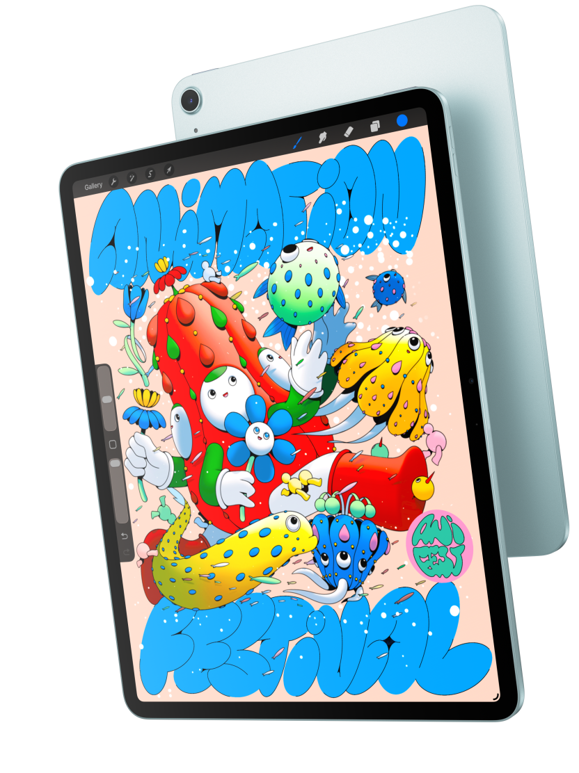 Forsiden af 13"-modellen af iPad Air, der viser Procreate og overlapper bagsiden af en iPad Air i blå