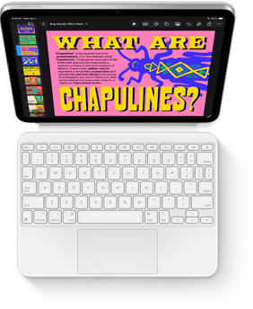 Top down view of iPad with Magic Keyboard Folio in white.