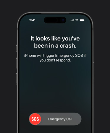 iPhone 17 Pro, pohled zepředu, zaoblené rohy, aktivovaná detekce autonehody