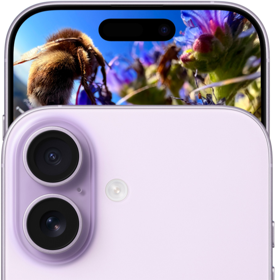 iPhone 17 mostrato di fronte con sistema a doppia fotocamera Fusion; mostrato da dietro color lavanda.