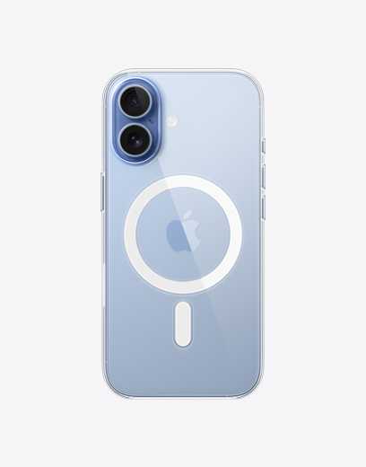 iPhone 17, back exterior, Clear case with MagSafe, Dual Fusion Camera System top left corner