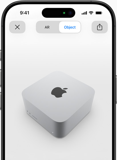 Aperçu du Mac Studio en réalité augmentée sur iPhone