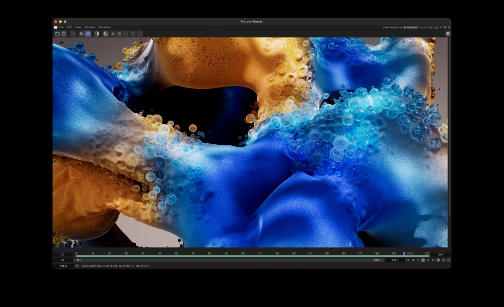 Écran de MacBook Pro affichant une animation de bulle créée à l’aide de Cinema 4D